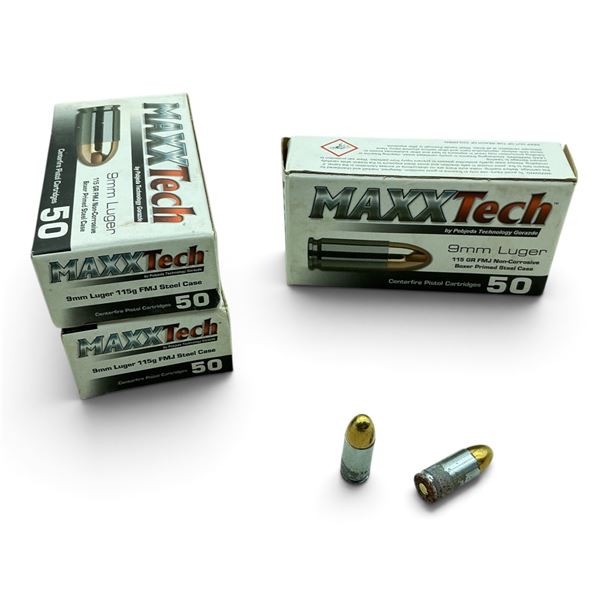 Maxxtech 9mm, 115 Grain, FMJ Steel Case Ammunition, Approximately 150 Rounds