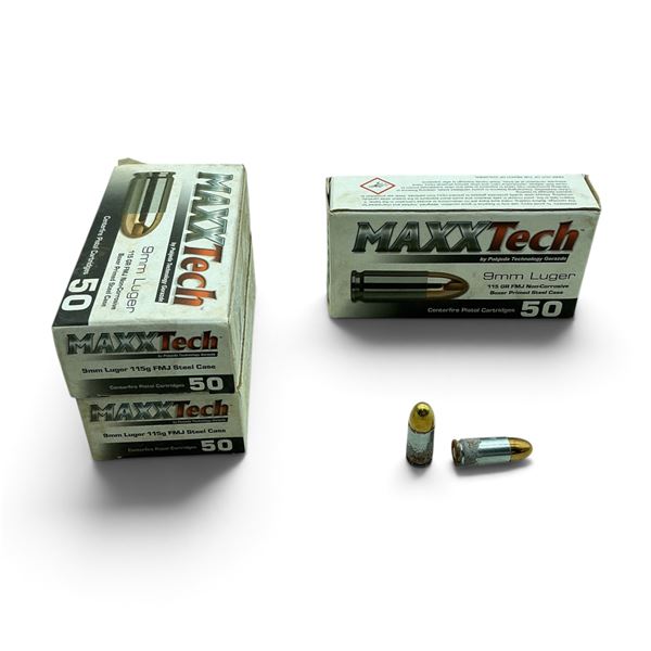 Maxxtech 9mm, 115 Grain, FMJ Steel Case Ammunition, 150 Rounds