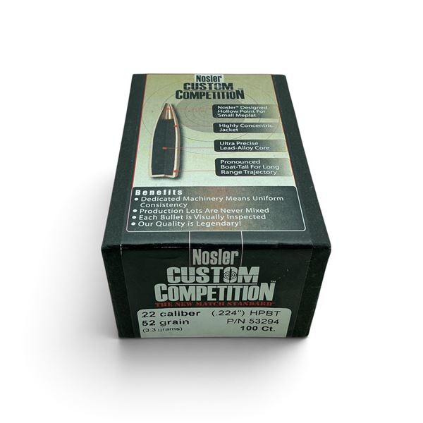 Nosler Custom Competition, 22 Cal (.224"), 52 Grain HPBT Projectiles, 100 QTY