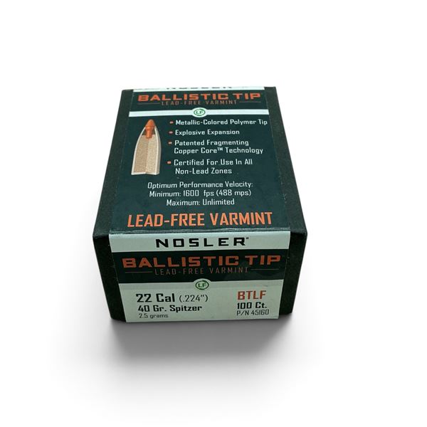 Nosler Ballistic Tip 22 Cal (.224"), 40 Grain, BTLF Spitzer Projectiles, 100 QTY