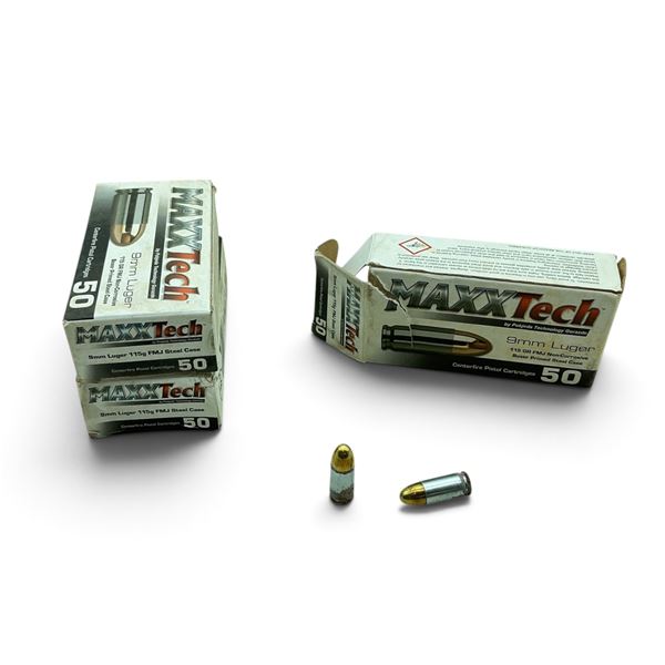 Maxxtech, 9mm 115 Grain, FMJ Steel Case Ammunition, 150 Rounds