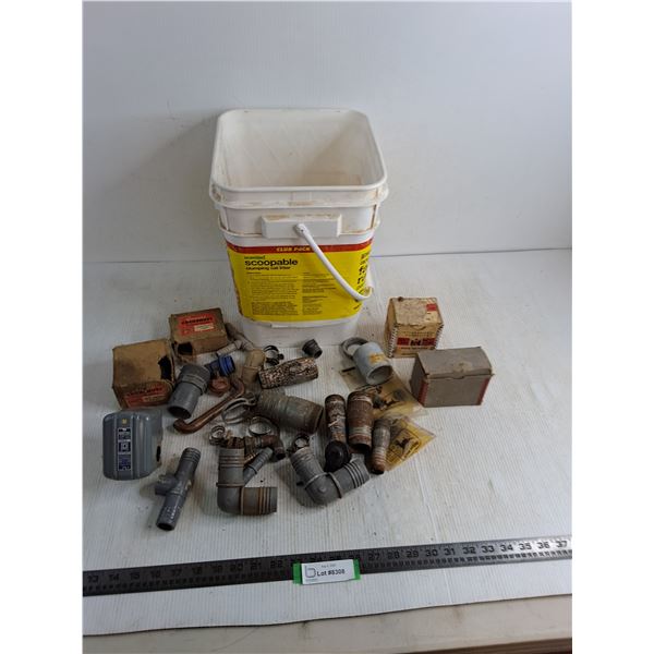Pail of Assorted Pipe Fittings & Tractor Parts - Some Look New