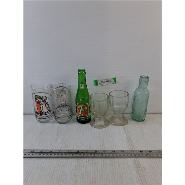 (2) Coca-Cola Glasses, (2) Sundae Dishes, (1) 7 Up Bottle, (1) Guernsey Aerated Water Bottle