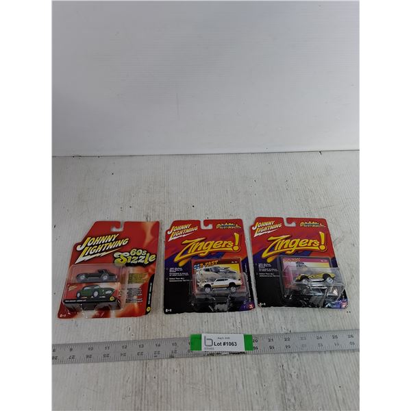 (3) Johnny Lightning Car Models- '55 Shelby Cobra, '72 Oldsmobile, '72 Corvette Convertible All Seal