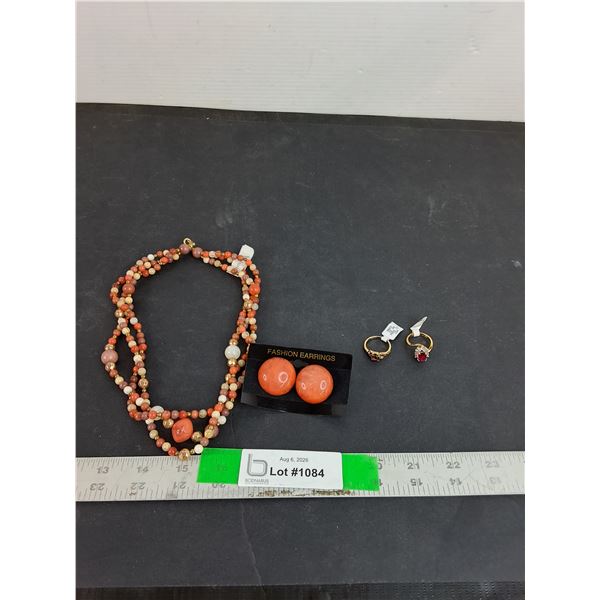 Necklace, Earrings, (2) Gold Colored Rings Sizes 7 & 8 Cannot Authenticate