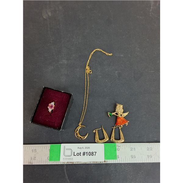 Gold Colored Jewelry- Ring Size 7, Necklace, Earrings, Pin Cannot Authenticate