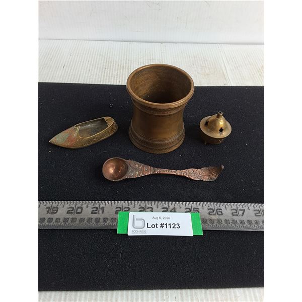 (4) Vintage Brass - Shoe Ashtray, Cup, Spoon, Incense Container