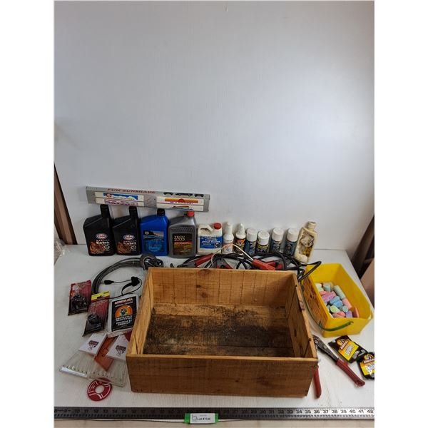 Wooden 20x13x7" Crate w/Partial Auto Chemicals, Booster Cables, Chalk, Tin Snips, Misc. - PU Only