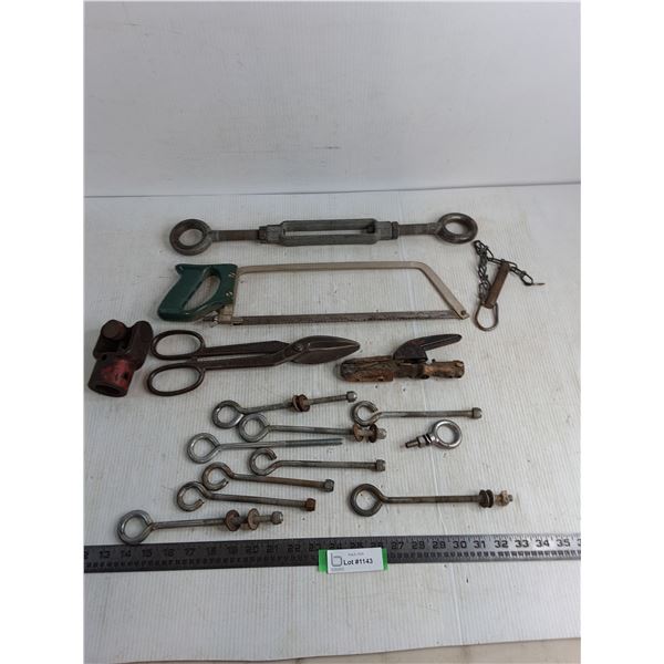 Assorted Eye Bolts, Hack Saw, Tin Snips, Electrode Holder, Misc.