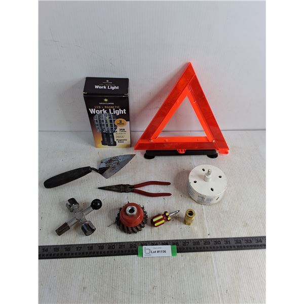 Work Light, Safety Triangle, Drill Attachments, Trowel, Pliers, Misc.