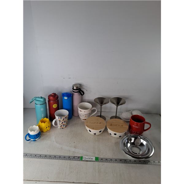 (3) Coffee Mugs Up To 5", (4) Water Bottle, (2) Metal Margarita Glasses, (2) Bowls