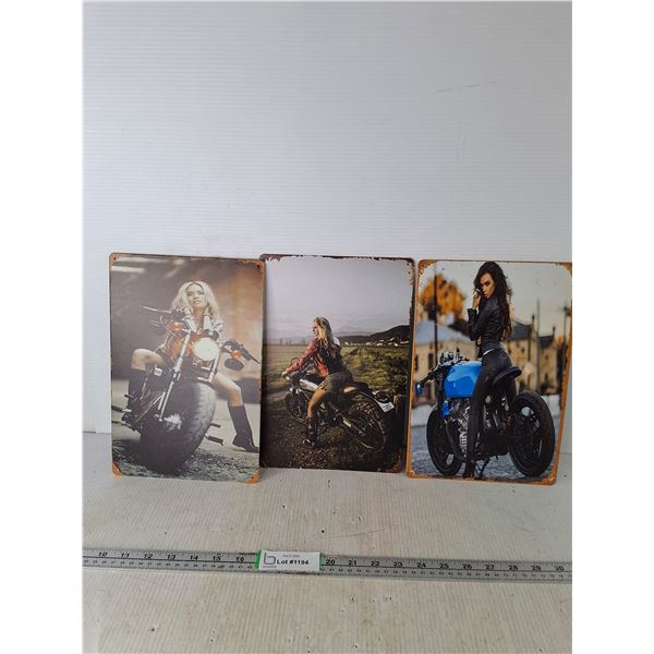 (3) Women On Motorcycle Metal Wall Signs 12"x8"