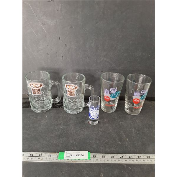 (2) A&W Root Beer Pints, (2) Non Stop Pop Coca-Cola Glasses,  Shot Glass All Up To 6"