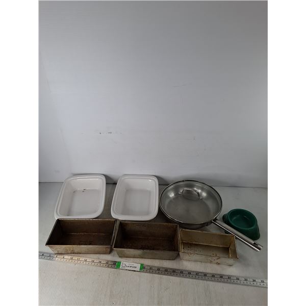 (5) Baking Dishes 11.5"x7.5",  Frying Pan 10" Diameter, Pet Food Bowl