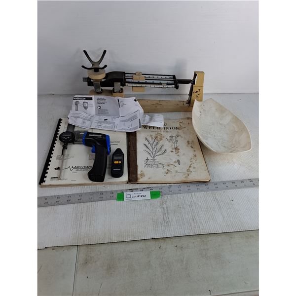 Triple Beam Balance Scale, Temperature Reader, Misc.