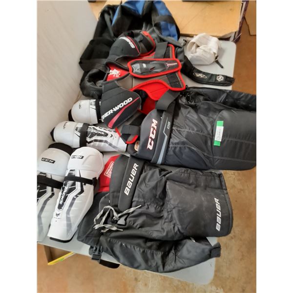 Partial Set of Junior Hockey Gear - Shin, Pants, Chest, Neck Pads & Bag