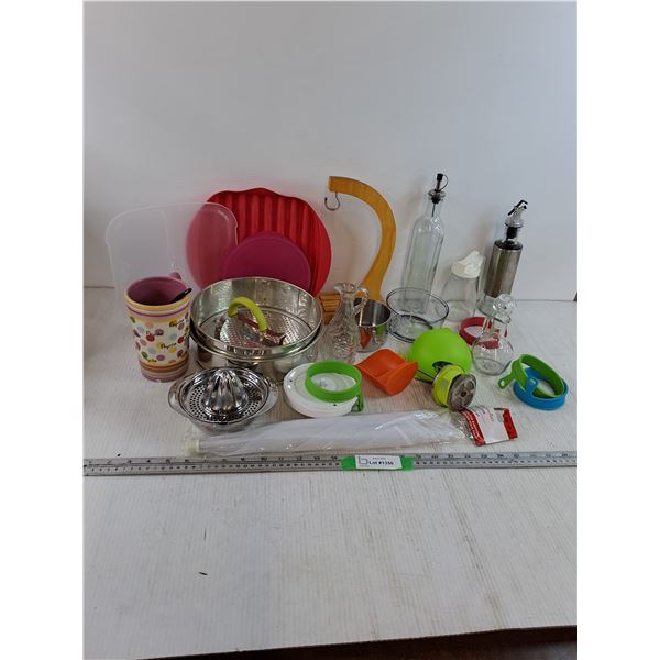 Variety of Glassware, Plastic Tray,  Food Cover, Food Cutter, Misc Kitchen Items