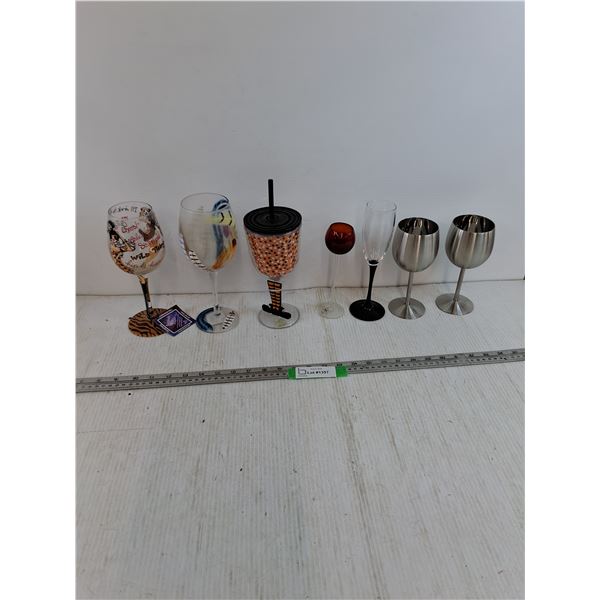 Various Glass, Metal, & Plastic Wine Glasses