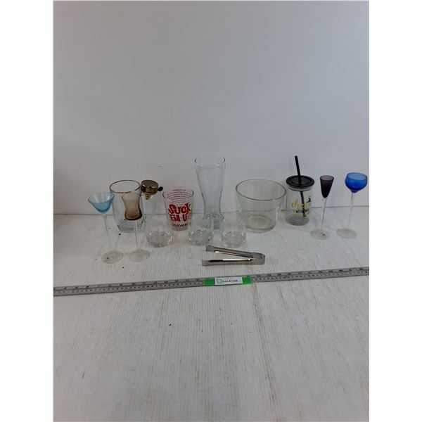 Various Wine Glasses, Cups, Mugs, Tongs