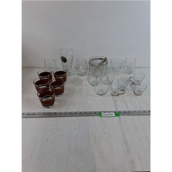 Various Glass Cups & Container w/ Tongs