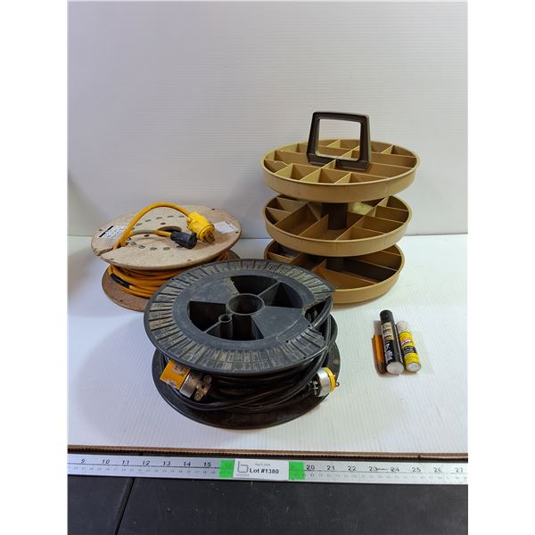 (2) Reels of Extension Cords, Plastic Accessory Caddy