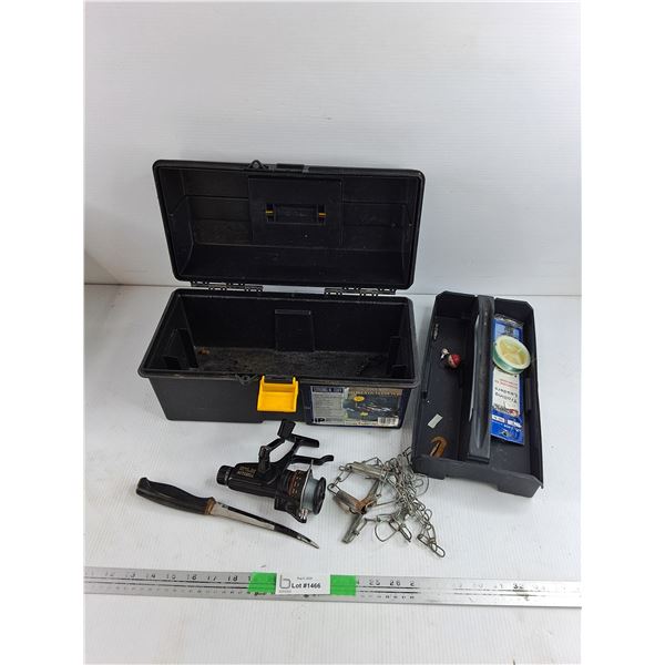 16" Tool Box, Nutchell Fishing Reel, Knife, Misc