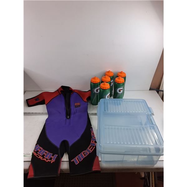 Shark Wear Swimsuit - Size M, Gatorade Water Bottles, Plastic Container