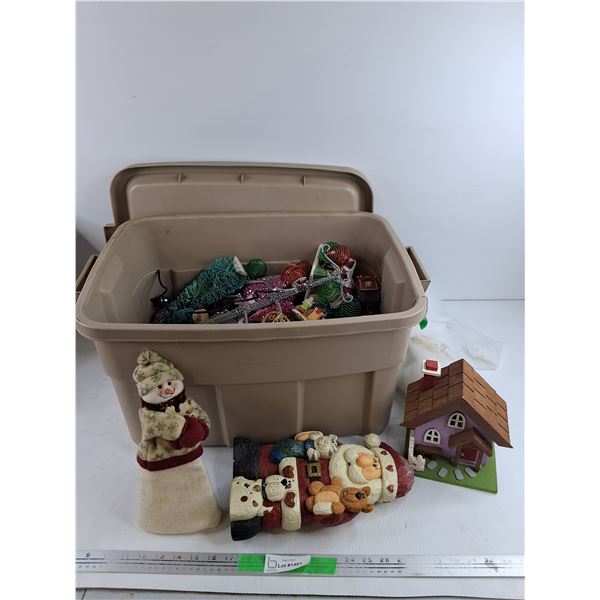 Assorted Christmas Decor & Rubbermaid Plastic Tote  21" x 15" x 12", Pickup Only
