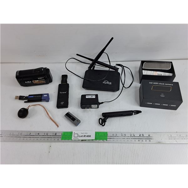 Sony HD Handycam, Mydlink Router, HD WiFi Clock Camera, Adapters - As Is