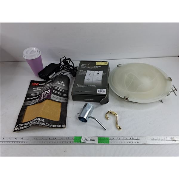 HDMI Wall Plate Extender, Ceiling Light Fixture, Laptop Charger, Cup, Misc