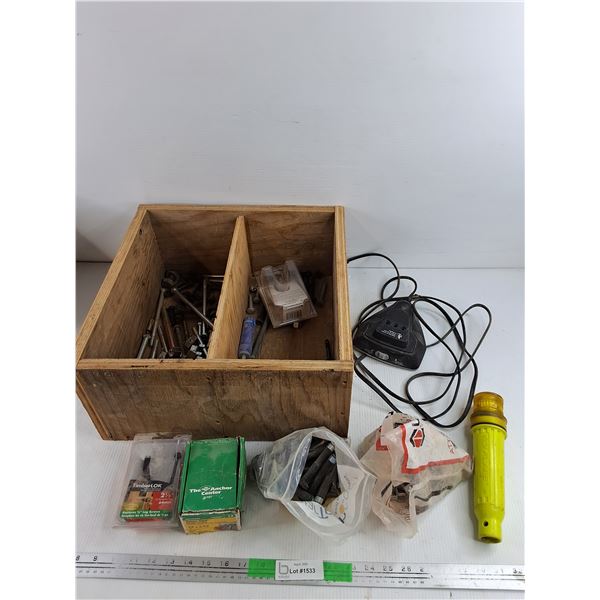 Assorted Hardware & Wooden Crate 16" x 16" x 8", Pickup Only