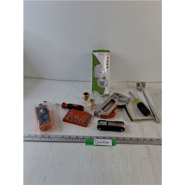 Angled Drill Guide, Stapler, Milwaukee Screwdriver,  Folding Multi-Tool