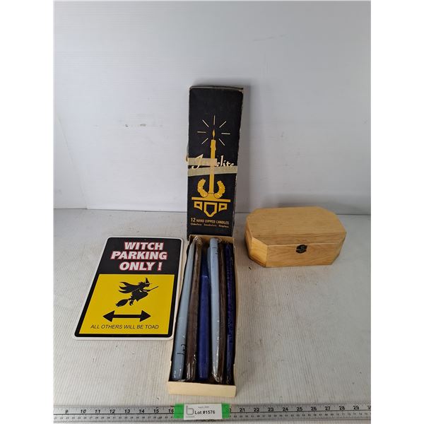 Witch Parking Only Sign 12.5"x8.5", Hand Dipped Candles, Wooden Box 9.5"x6"x3"