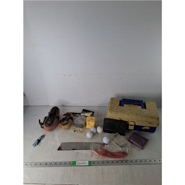 Fishing Bait In Box 13"x7.5"6.5", (4) Golf Balls, (2) Tow Straps, Misc