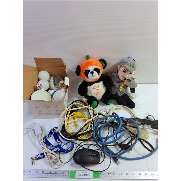 Sherlock Holmes Plushy, Various Electric Cords and Light Bulbs Untested As Is