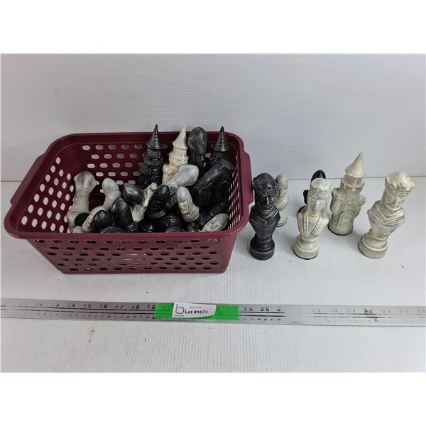Ceramic Chess Pieces & Plastic Basket
