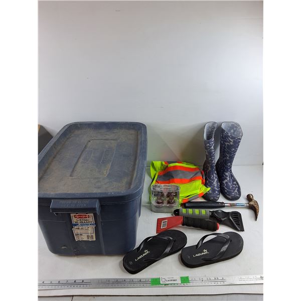 Slippers, Rubber Boots, Hammer, Safety Vest, Plastic Tote, Ice Scrapers & Halogen Bulbs, Pickup Only