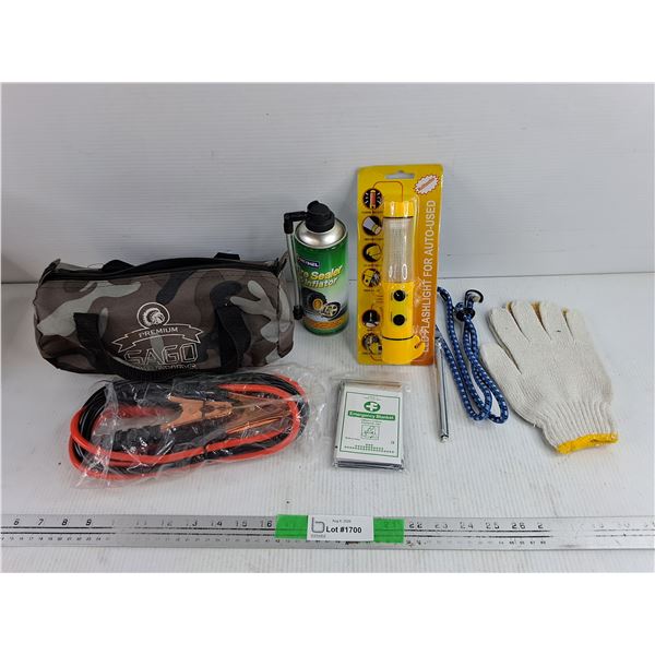 Booster Cables, Emergency Blanket, Tire Gauge, Bungee Cords, LED Flashlight, Tire Sealer & Inflator,