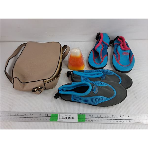 Faux Leather Purse, (2) Pairs of Water Shoes - Size 3, Candle