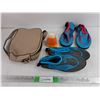 Image 1 : Faux Leather Purse, (2) Pairs of Water Shoes - Size 3, Candle