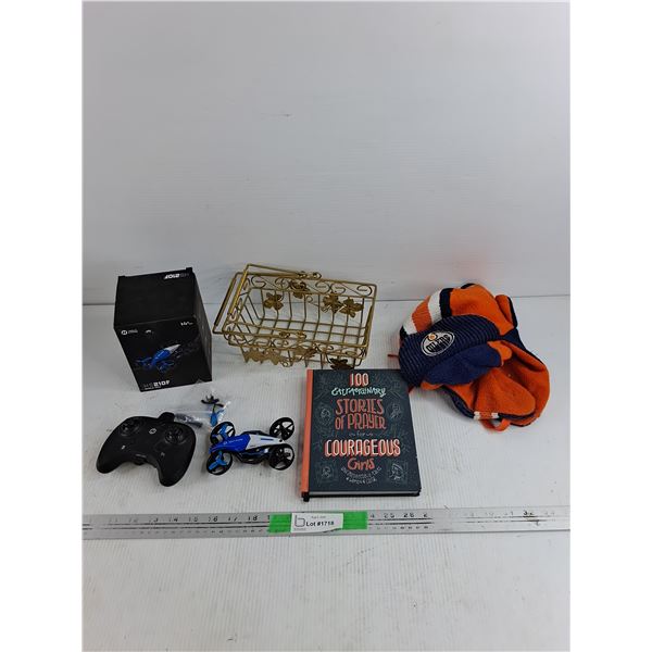 Holy Stone Drone, Stories of Prayer Book, Oilers Winter Hat, Metal Basket