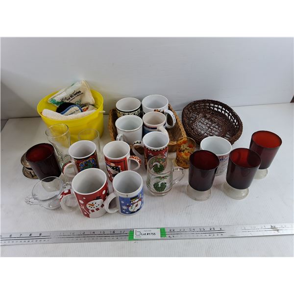 Ceramic Mugs, Glass Goblets, Wicker Baskets, Coasters, Misc