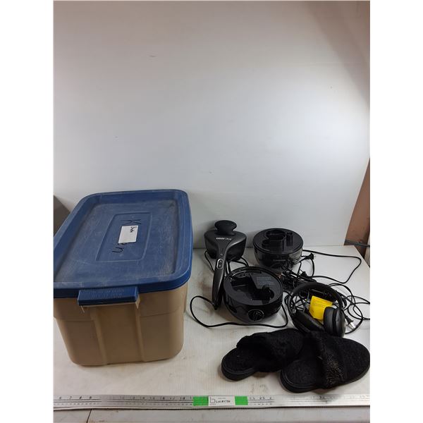 *Plastic Tote w/Lid,  Obusforme Massager, Hair Curler Brush, Headphones & Slippers - Powers On, As I