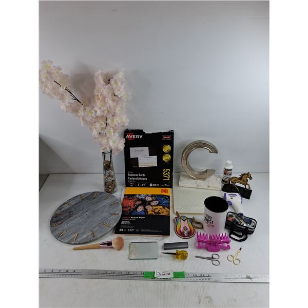 Glass Vase & Artificial Flowers, Manicure Scissors, Digital Thermometer, Picture Paper, Misc
