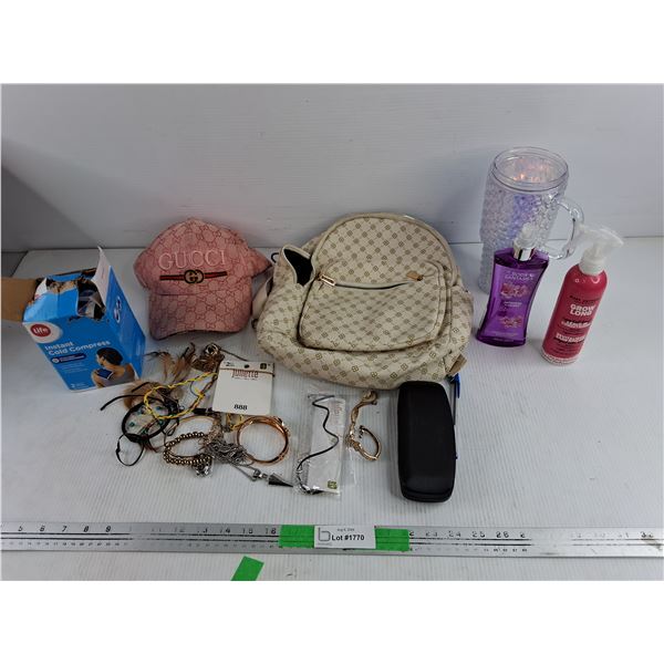 Gucci Cap, Jewelry, Instant Cold Compress, Tumbler, Mini Backpack, Body Spray & Leave In Conditioner