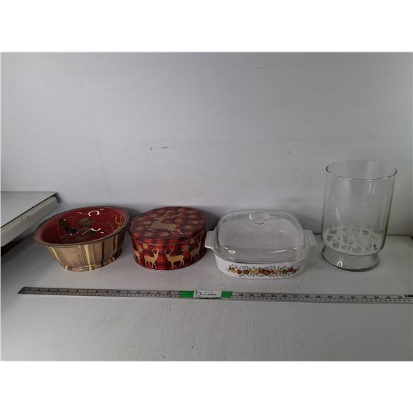 Corning Ware Casserole Dish, Glass Vase 10", Ceramic Bowl, Misc.