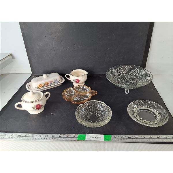 Ceramic Butter Dish, Creamer, Glass Ashtrays, Misc.