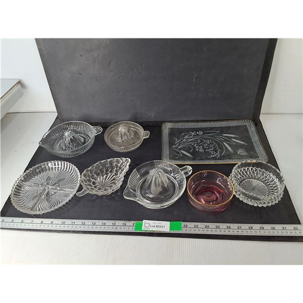 Glass Citrus Reamers, Platter, Candy Bowls