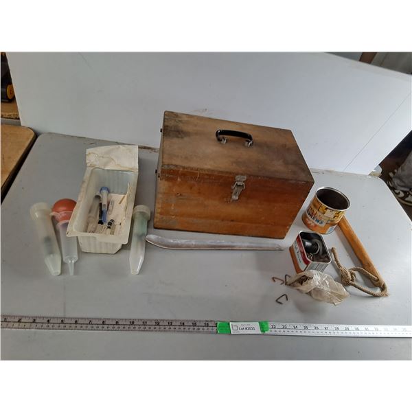 Wooden Storage Box 14.5" x 9.5" x 8.5", Syringe Kit, Horseshoe Nails, Misc.