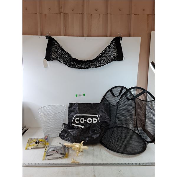 (2) Safety Glasses Sealed, Metal Trash Bin, Co-Op Bag, Net Bag, Laundry Basket